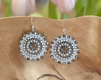 Round filled earrings - hand-threaded, Myjuki, cut glass, Swarovski pearls, boho, threaded earrings