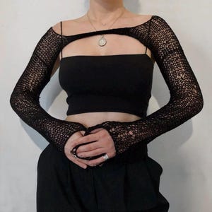 Handmade Black Knit Sleeves – Crochet Mesh Bolero Shrug – Festival Layer, Lightweight Arm Warmers – Cotton Knitwear