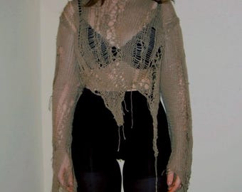 Beunruhigt-Strick-Häkeloberteil, Handgefertigter Netz-Pullover für Schichtung, Unisex-Strand-Vertuschung