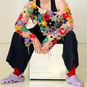 Handmade Crochet Flower Sweater – Colorful 3D Daisies – Openwork Festival Cardigan