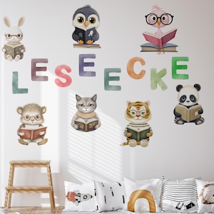 Sticker mural coin lecture avec animaux pour chambres d'enfants, jardins d'enfants ou écoles primaires, en kit - peut être placé n'importe où