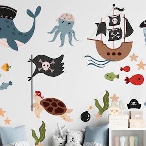 Wandtattoo Piraten Kinderzimmer Set - Pirat Tiere Dinos Fische Piratenschiff - Wandaufkleber Babyzimmer für Jungen selbstklebend