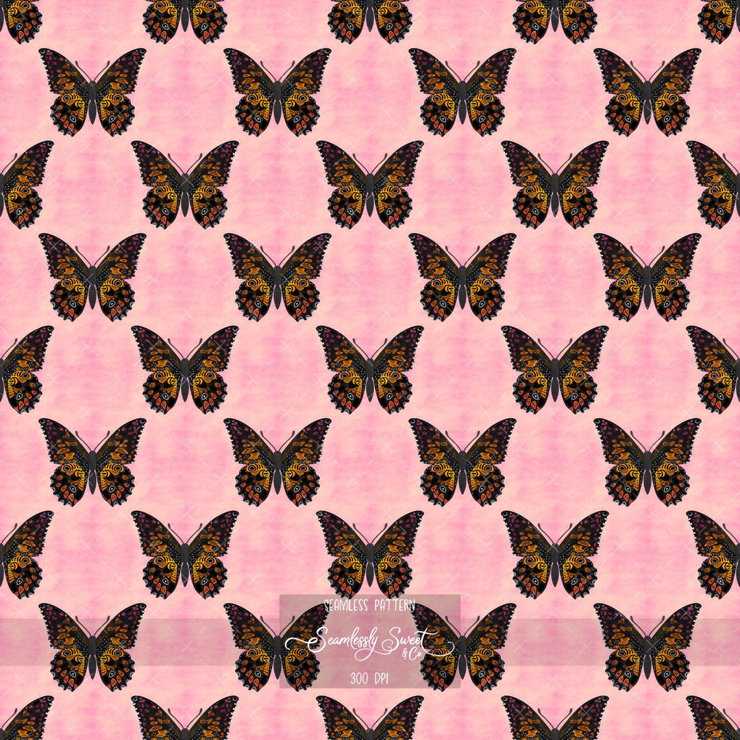 Butterfly Seamless Pattern PNG, Black & Orange Butterflies on Pink ...