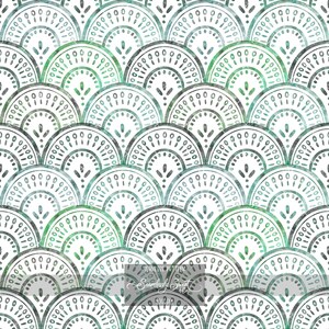 Motif festonné sans couture | Carrelage éventail vert aquarelle | Papier numérique côtier | Conception de surface bohème