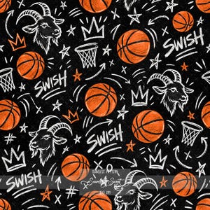 May include: A seamless pattern on a black background featuring orange basketballs, white chalk-style illustrations of goat heads, basketball hoops, crowns, stars, and the word SWISH written in a hand-drawn script style throughout the design.