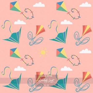 May include: A repeating pattern of kites, clouds, and a sun against a pale pink backdrop. The kites are in various colours, including yellow, red, and blue. The design also includes the text "Seamless Pattern" and "Seamlessly Sweet & Co."