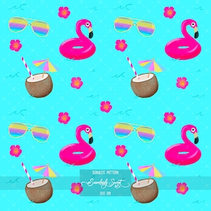 May include: A seamless pattern featuring a bright blue background with repeating illustrations of pink flamingo pool floats, sunglasses, coconuts with straws and umbrellas, and pink flowers. The text "Seamless Pattern" and "Seamlessly Sweet & Co" is also present.