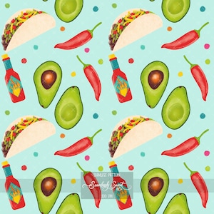May include: A seamless pattern featuring illustrations of tacos, avocados, red chili peppers, and hot sauce bottles on a light blue background. Colorful polka dots are scattered throughout the design. The hot sauce bottles have the text "Muy Caliente".
