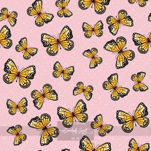 Butterfly Seamless Pattern PNG, Black & Orange Butterflies on Pink Watercolor Background, 4000x4000, 300 DPI