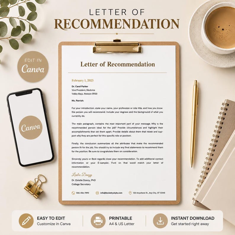Editable Letter of Recommendation Template | Canva, Printable (A4 & US ...