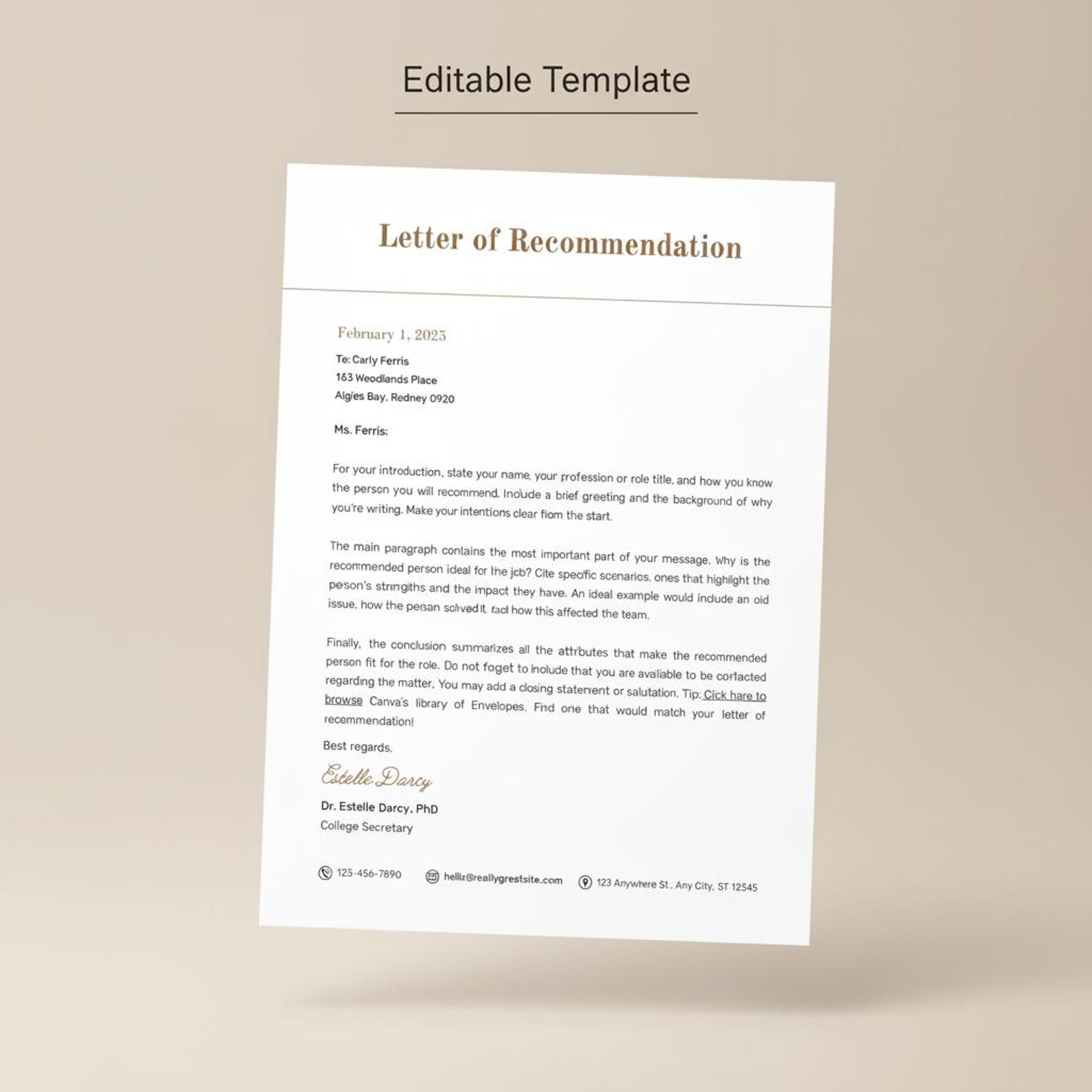 Editable Letter of Recommendation Template | Canva, Printable (A4 & US ...