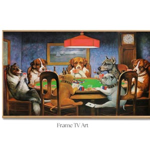 May include: A painting of a group of dogs playing cards around a green felt table. The dogs are wearing human clothing and are sitting on chairs. The painting is set in a room with a wooden floor and a red ceiling light.