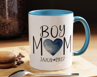 Personalized Boy Mom Coffee Mug, Custom Blue Heart, Handmade Ceramic, 11oz
