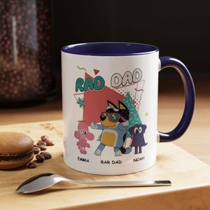Funny Bluey Rad Dad Mug – Personalized Coffee Cup for Father’s Day 2025 – Custom Gift for Him from Kids – Cool Cartoon Dad Mug