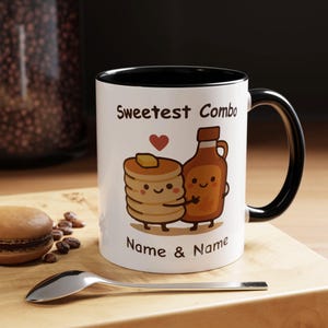 Benutzerdefinierte Name Sweetest Combo Mug - Pfannkuchen & Ahornsirup Best Friends Cartoon Art, Ideal für Besties / Liebhaber / Paare, 11 Unze