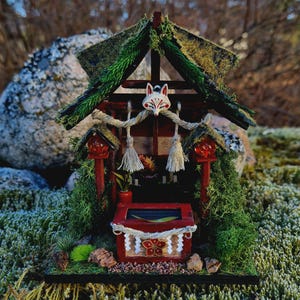 Japanese Handmade Miniature Shrine Diorama | Kitsune Mask | Woodland Shinto Temple | Zen Decor | Wabi-Sabi Art | Japan Fan | Japan-Inspired