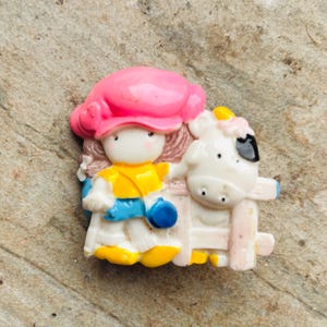 Vintage 1980s Ceramic Girl and Cow Badge