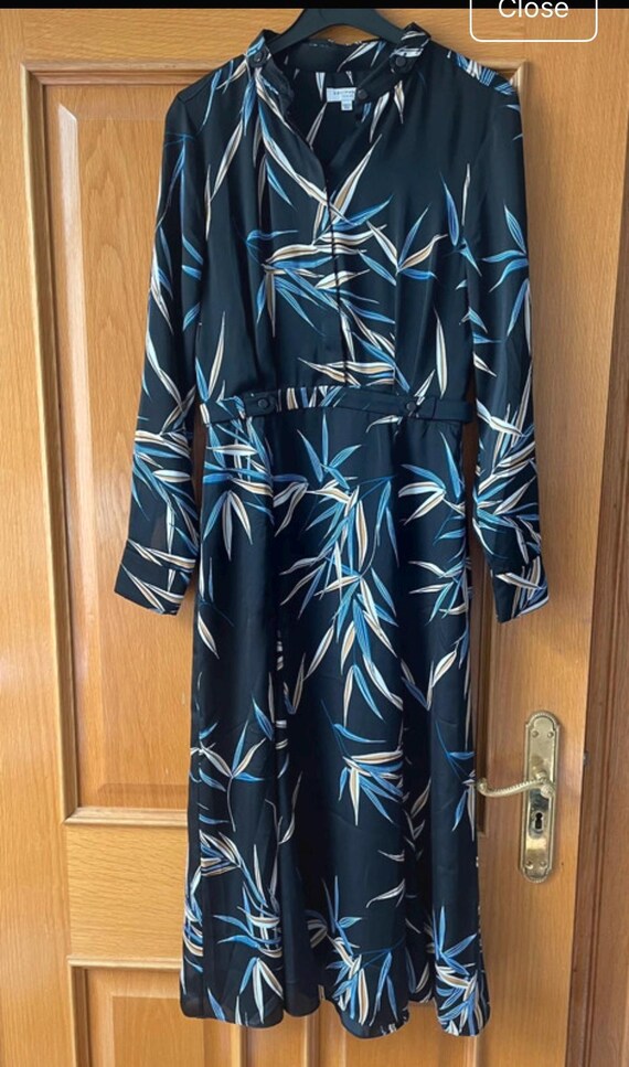Vintage Equipment Long Black Leaf Print Dress sz 2- UK 6-8, Gifts for Her