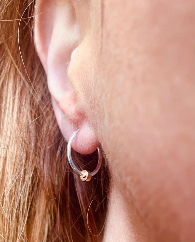 Sterling Silver Hoop Earrings: 14K Gold Filled Rondelle Charms, 12mm Thin Hoops 16mm