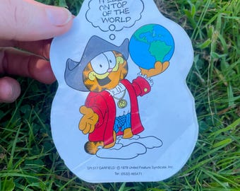 Pegatina grande vintage de Garfield "Me siento en la cima del mundo", años 80.