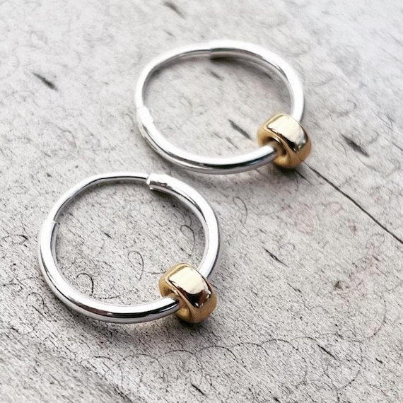 Sterling Silver Hoop Earrings: 14K Gold Filled Rondelle Charms, 12mm Thin Hoops