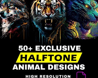 Más de 50 gráficos de animales en semitonos / Archivos DTF, DTG y PNG para ropa urbana (descarga digital)