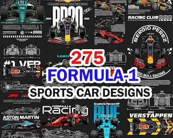 Diseños de camisetas de autos deportivos de F1: 275 gráficos PNG (descarga digital)