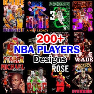May include: A selection of graphic designs featuring NBA players, including Kobe Bryant, Michael Jordan, and others. The designs showcase various players in action, with team logos and player names. The image includes the text "200+ NBA Players Designs."