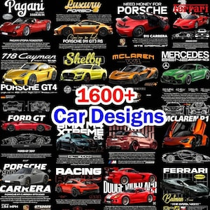 May include: A black poster featuring various car designs, including Pagani, Porsche, Ferrari, and McLaren. The poster includes the text "1600+ Car Designs" in large, bold letters, and also features the text "Batman - The Dark Knight".