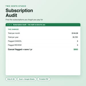 Subscription Audit Spreadsheet | Cancel Unused Costs (Excel, Google Sheets, PDF)