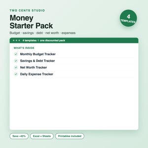 Startpakket voor geld: budget, schulden, nettowaarde, kostentrackers (Excel, Google Spreadsheets)
