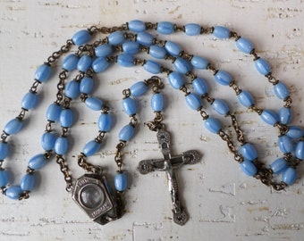 Vintage Rosary Eau de Lourdes Blue Glass Beads 21 Inches Long Relic Roma