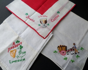 Vintage Hankies Embroidered Colorful Irish Shamrock Coffee Lot Of 3 Pieces