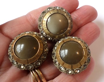 Conjunto de 3 piezas de botones vintage con diamantes de imitación, lucita y metal dorado, de alta costura.