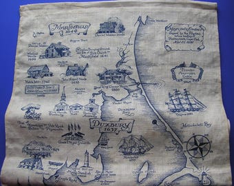 Toalla de cocina antigua, mapa de la historia colonial del condado de Plymouth, Massachusetts, siglo XVII, pueblos y casas.