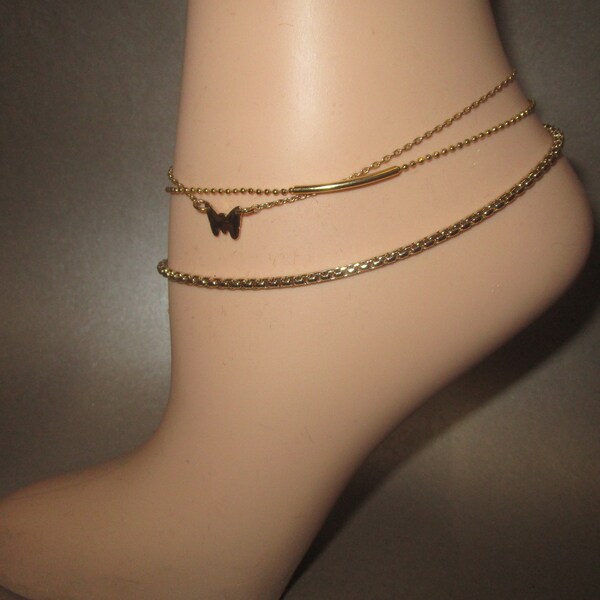 Vintage Anklets Collection Lot of 3 Gold Color Metal Signed