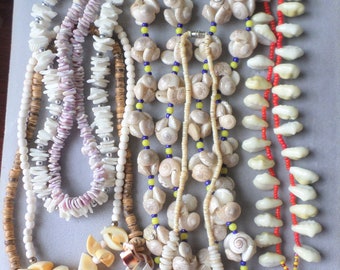 Vintage Sea Shell Necklaces Lot 7 Pieces Puka Cowrie Mixed Collection Hawaiian