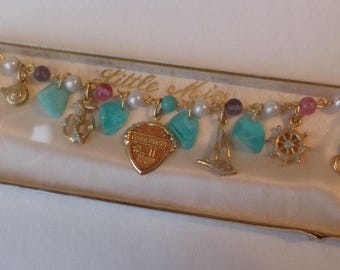 Pulsera vintage con dijes, estilo playero, Connecticut, con eslabones de cuentas, en caja, Little Miss