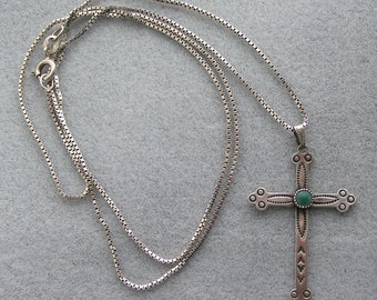 Vintage  Box Chain 925 Necklace Silver Cross Pendant Turquoise Color Stone Navao Style