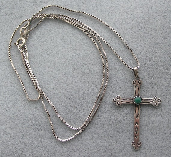 Vintage  Box Chain 925 Necklace Silver Cross Pend… - image 1
