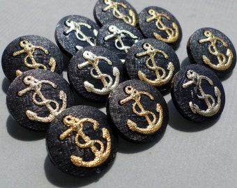 Vintage Buttons Anchor Gold Color Black Plastic Matched Set of 12