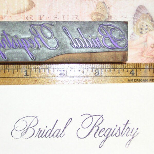 Vintage  Printer Block Bridal Registry In Script Wood And Metal