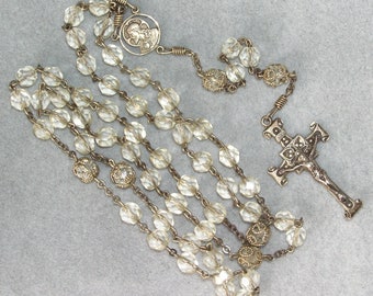 Vintage Silver Rosary Crystal Glass Beads 22 inc Long Decorative Scapular Medal