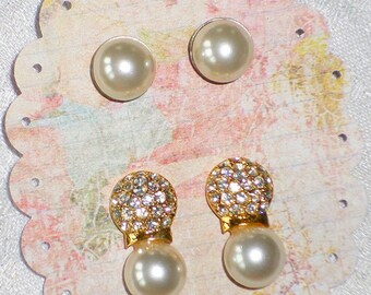 Vintage Earrings Faux Pearls Rhinestones Post Style Lot Of 2 Pairs