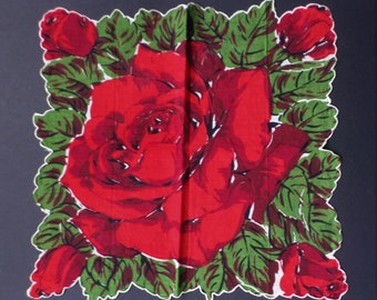 Vintage Hanky Giant Red Rose Heavy Scallop Edge Dramatic Colors