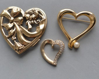 Vintage Jewelry Heart Valentine 2 Pins 1 Pendant Lot 3 Pieces