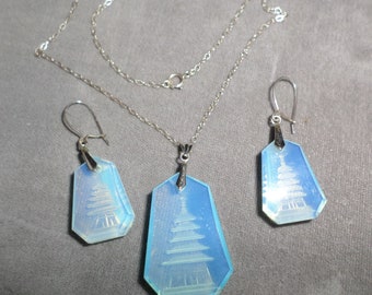 Vintage Necklace + Earrings Blue Glass Asian Pagoda Reverse Carved Set 925 Chain