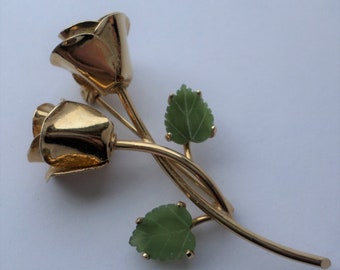 Vintage Pin Gold Roses With Carved Jade Leaves Large 3D Floral Realistic Forever Rose Buds