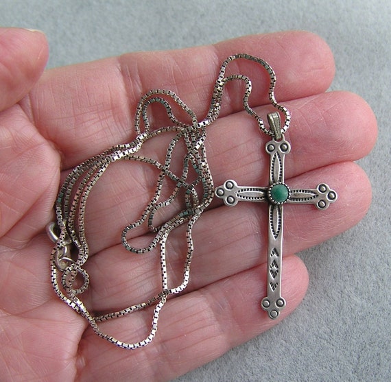Vintage  Box Chain 925 Necklace Silver Cross Pend… - image 7