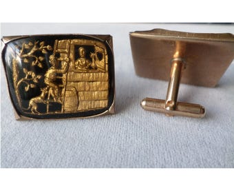 Gemelos Vintage Country Romeo y Julieta Cristal Cabujón Color Oro Metal Imagen Humorística